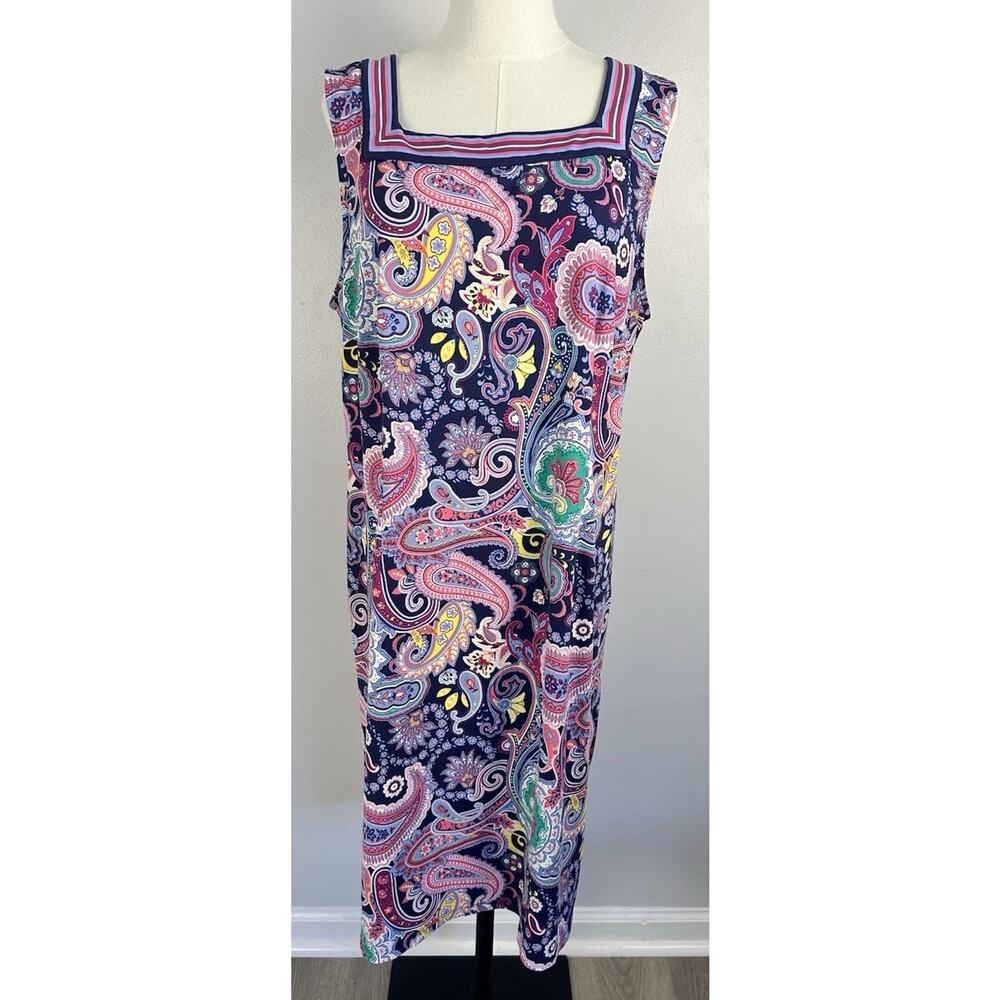 Talbots Navy & Pink Paisley Shift Dress Sleeveless Square Neck Colorful Travel
